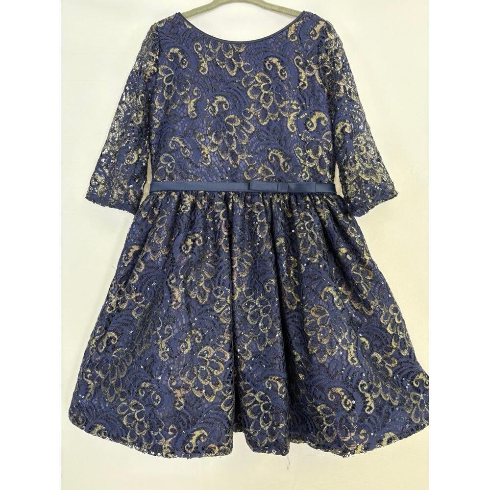 Sweet Kids Girls Blue Gold Lace‎ Long Sleeve Midi Dress Sz 6 USA Formal Holidays